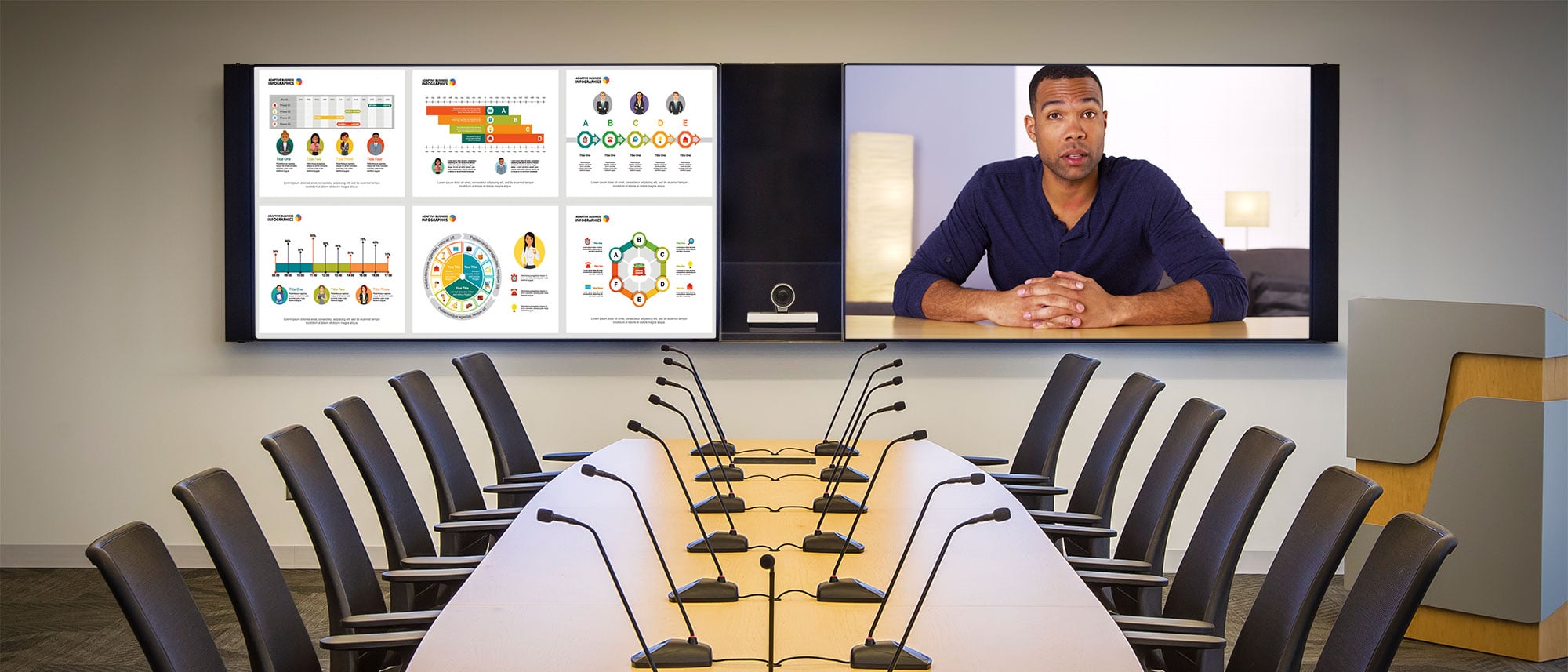Conference room with display and Innovox Audio Flex speaker system