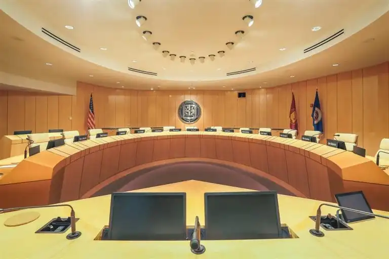 Modern conference room with circular layout university of minnesota board room with innovox speaker