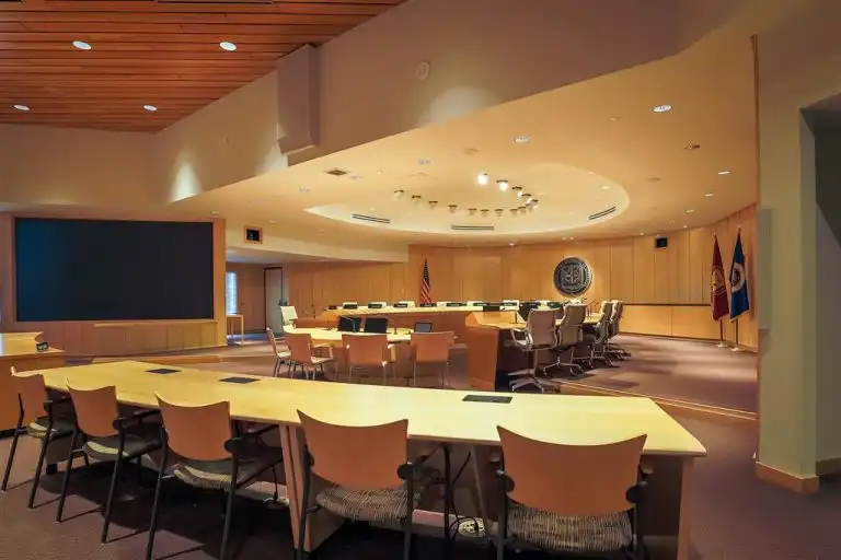 Modern conference room with circular layout university of minnesota board room with innovox speaker