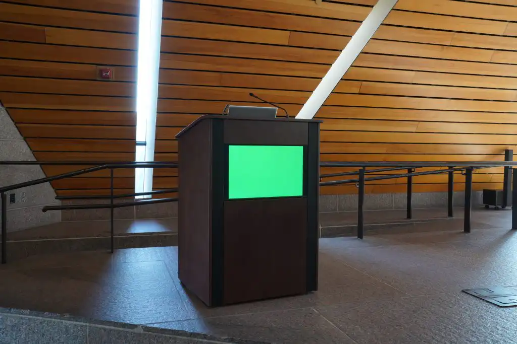 Innovox Audio custom lectern with built in display and speakers for McNamara Center university of minnesota