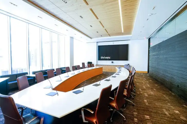 conference room with display and innovox audio flex loudspeakers