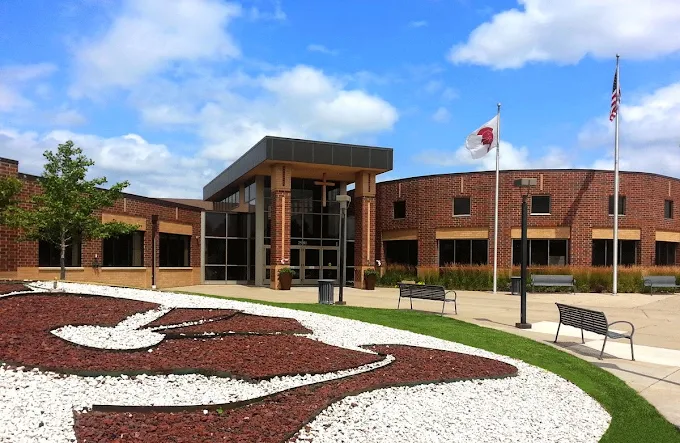 Modern building with landscaped entrance