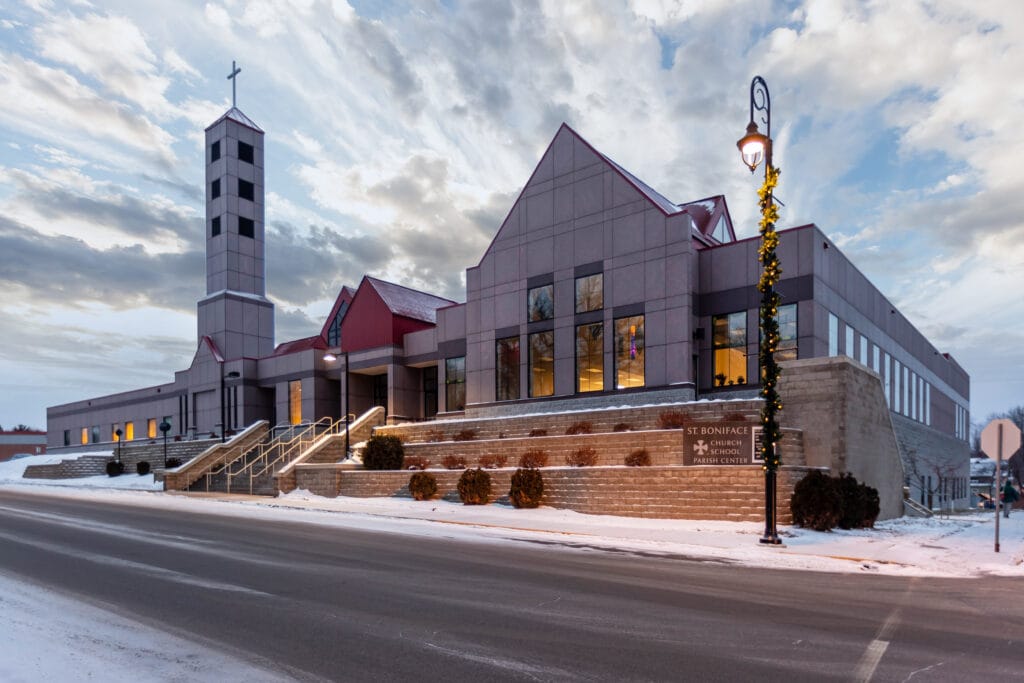 Modern church building in winter setting