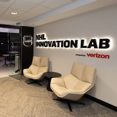 Modern office space with logo