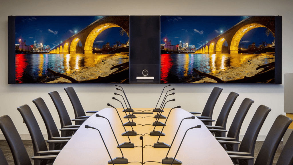 Modern conference room with large screens