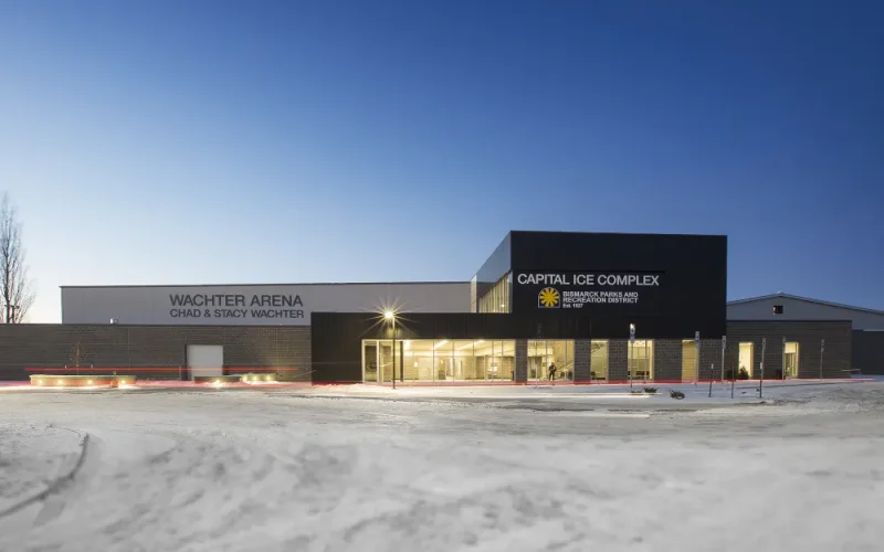Modern arena with ice complex exterior