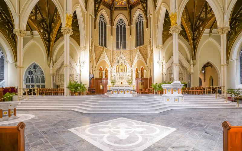 interior of beautiful church with innovox speakers Cathedral of Holy Cross - Boston