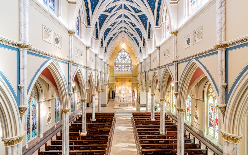 Elegant interior of a grand cathedral with innovox audio speakers