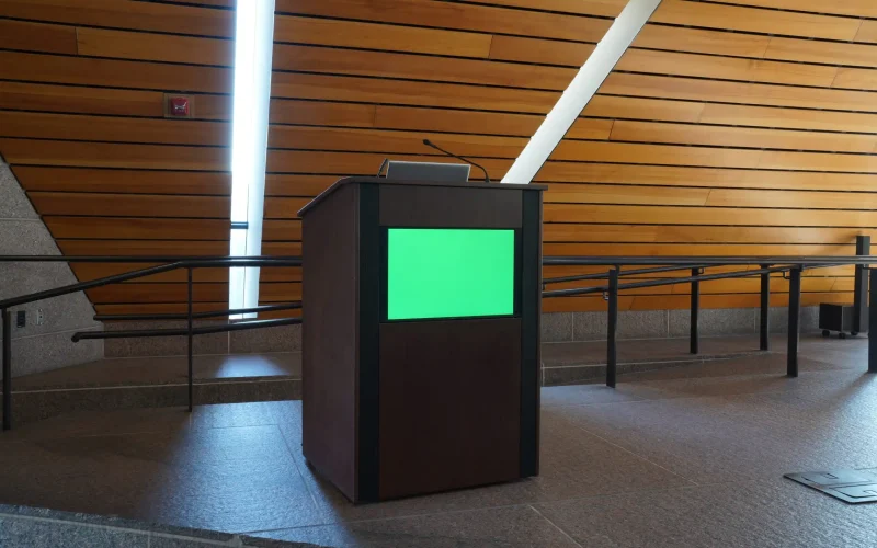 Innovox Audio custom lectern with built in display and speakers for McNamara Center university of minnesota