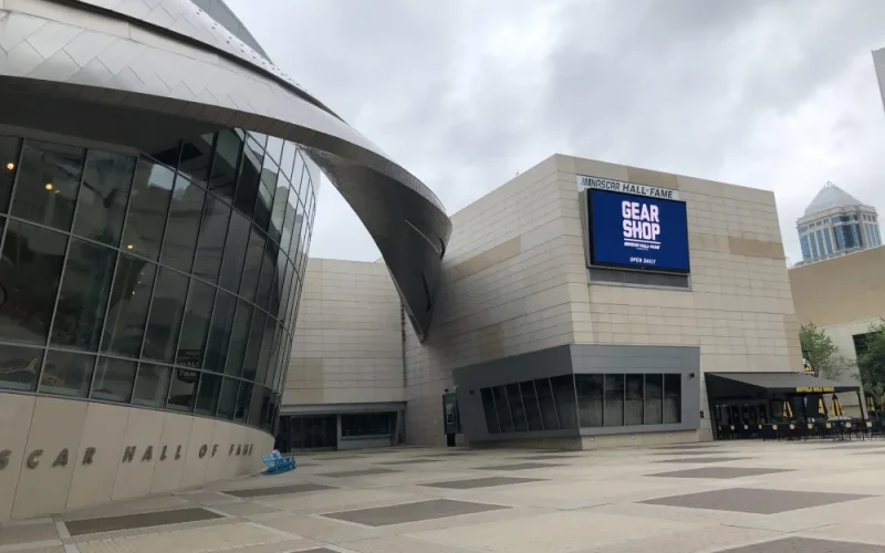 Modern building with outdoor plaza nascar hall of fame