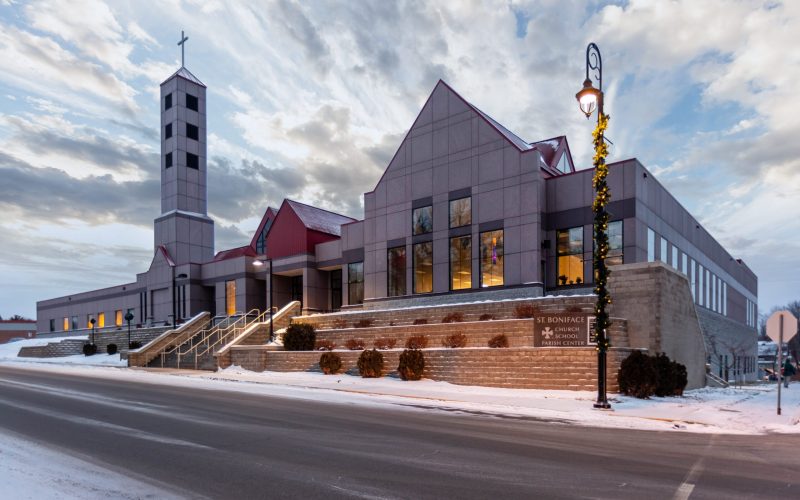 Modern church building in winter setting