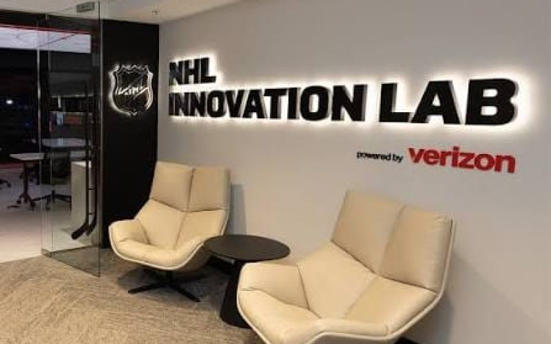 Modern office space with logo