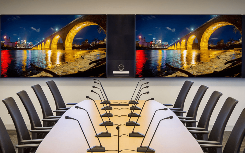 Modern conference room with large screens