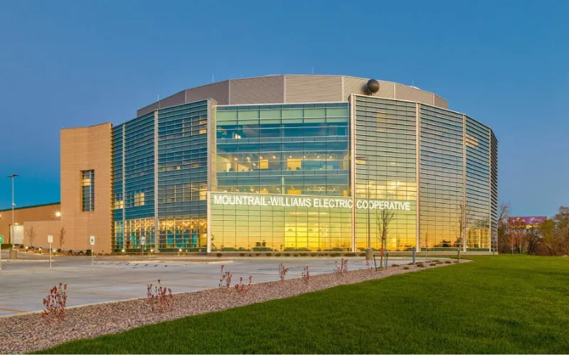 Modern building with large glass facade Mountrail-Williams Electric, Williston ND