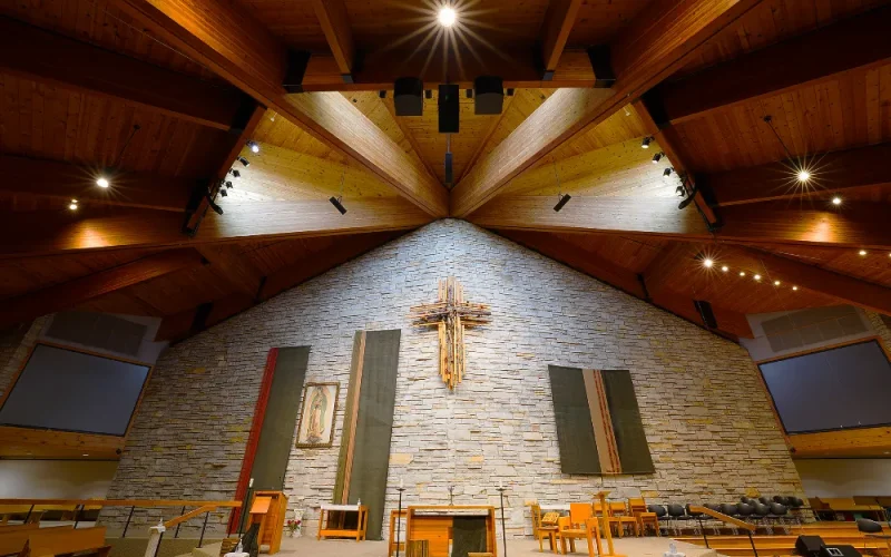 Modern church interior with wooden beams Hanging innovox speaker under wooden ceiling St Odilia, Shoreview MN