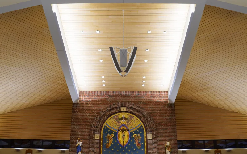 Innovox audio CLA loudspeakers hanging in a church with a flown sub woofer