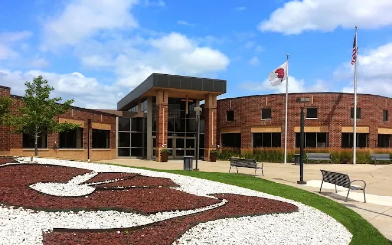 Modern building with landscaped entrance